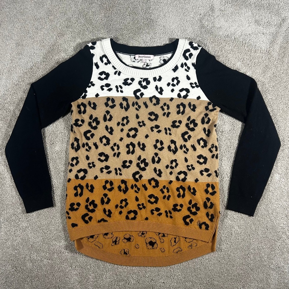 Juicy Couture Leopard Print Colorblock Sweater Womens Large Black Tan Crew Neck